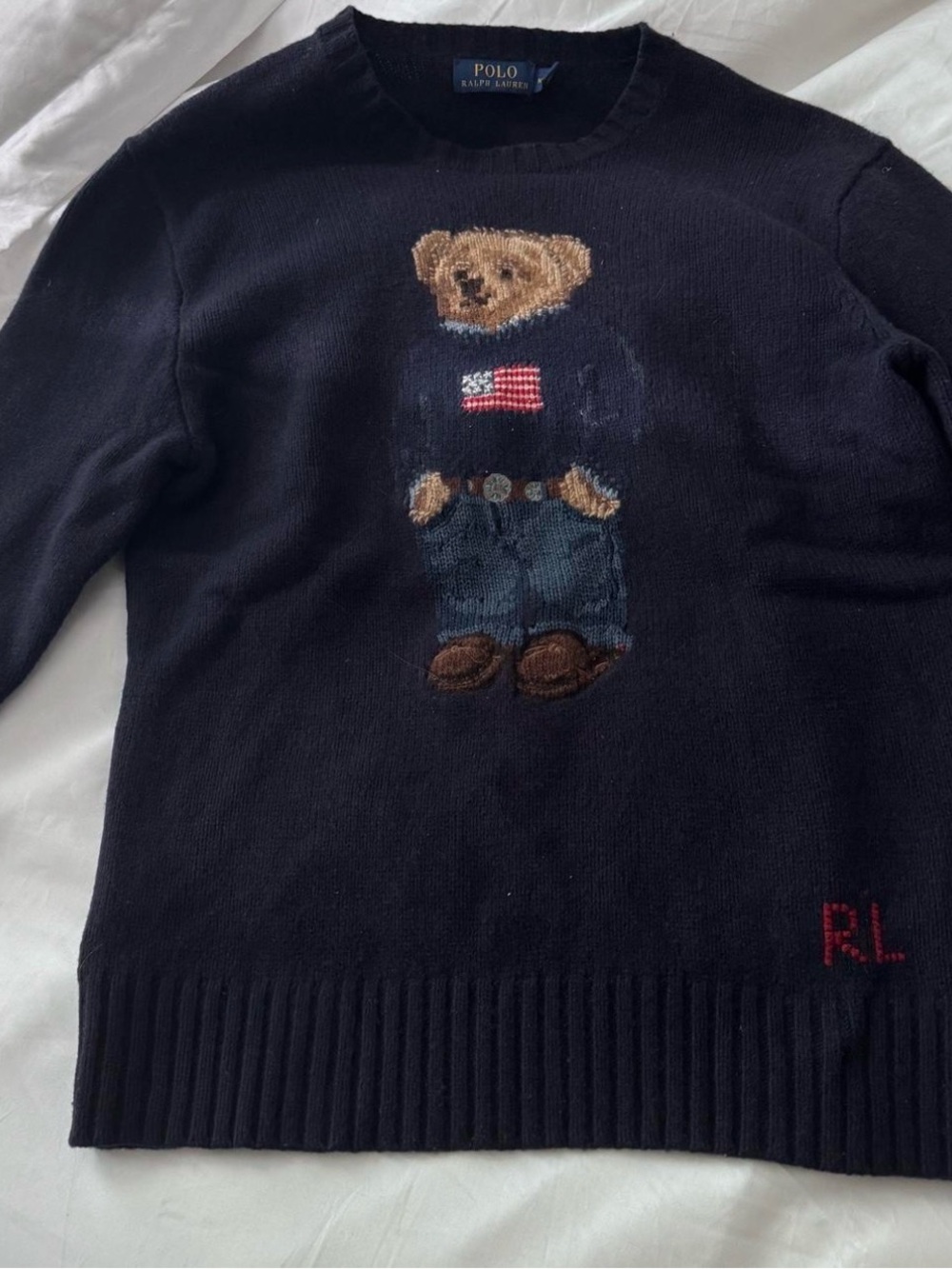 Ralph Lauren Wool Navy Crewneck Sweater with Bear Motif